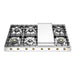 ILVE 48 Inch UHCP1265FNSSGLP Nostalgie II Built-In Stainless Steel Liquid Propane Cooktop with 8 Burners and Griddle in Brass Trim Front
