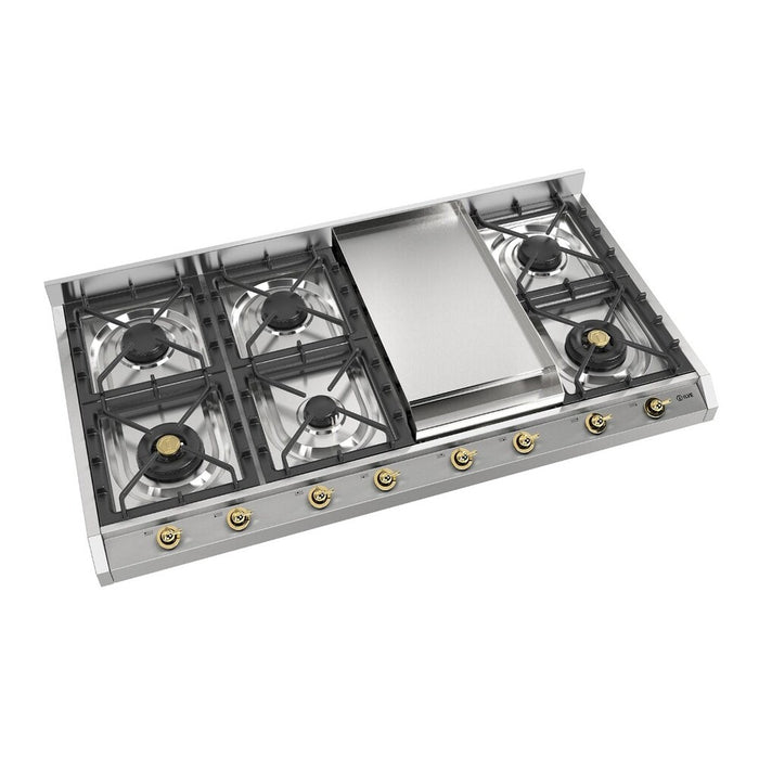 ILVE 48 Inch UHCP1265FNSSGLP Nostalgie II Built-In Stainless Steel Liquid Propane Cooktop with 8 Burners and Griddle in Brass Trim Main