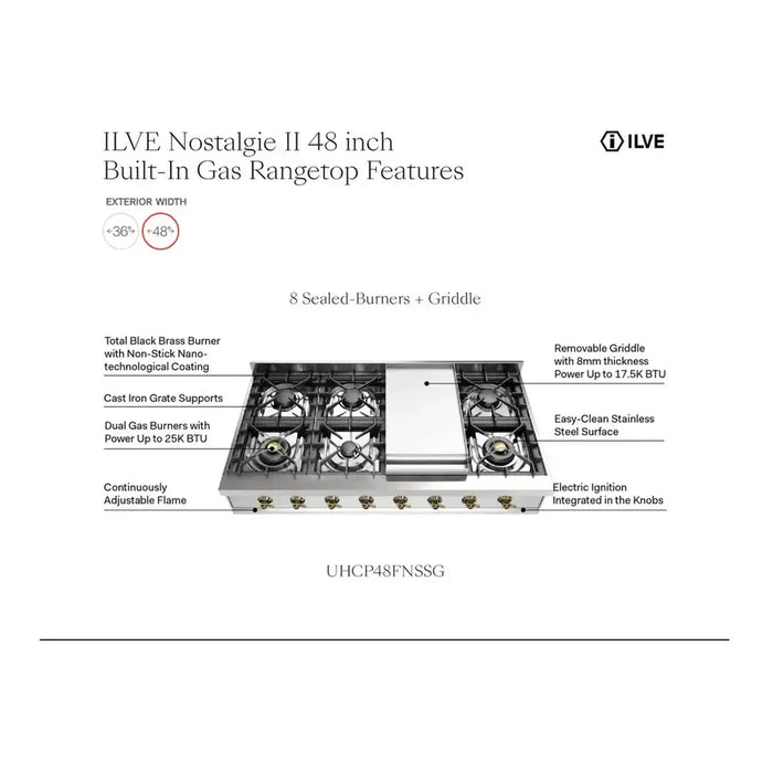 ILVE 48 Inch UHCP48FNSSBLP Nostalgie II Built-In Stainless Steel Liquid Propane Rangetop with 6 Burners and Griddle in Burnished Trim Features