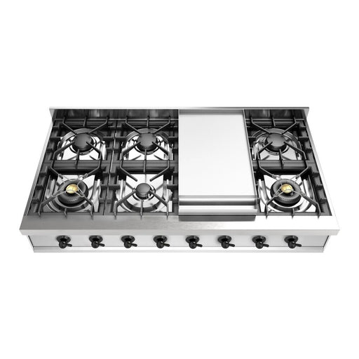 ILVE 48 Inch UHCP48FNSSBLP Nostalgie II Built-In Stainless Steel Liquid Propane Rangetop with 6 Burners and Griddle in Burnished Trim Front