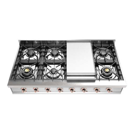 ILVE 48 Inch UHCP48FNSSP Nostalgie II Built-In Stainless Steel Natural Gas Rangetop with 8 Burners and Griddle in Copper Trim Front