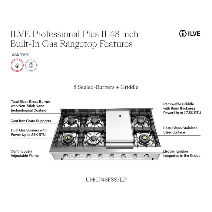 ILVE 48 Inch UHCP48FSSLP Professional Plus II Built-In Stainless Steel Liquid Propane Rangetop with 8 Burners and Griddle Features