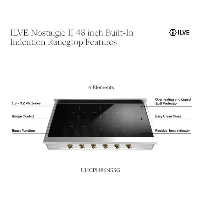 ILVE 48 Inch UHCPI486NSSB Nostalgie II Built-In Induction Rangetop with 6 Element in Burnished Features