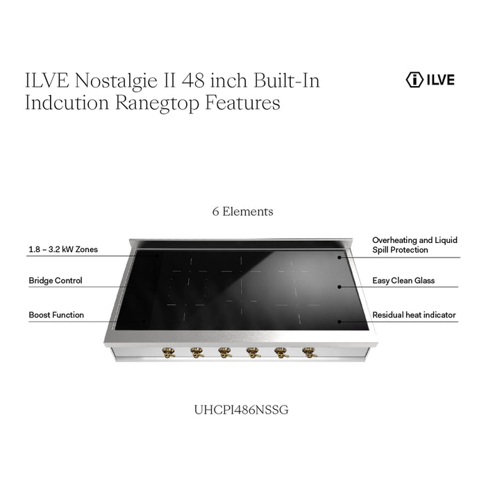 ILVE 48 Inch UHCPI486NSSG Nostalgie II Built-In Induction Rangetop with 6 Element in Brass Features