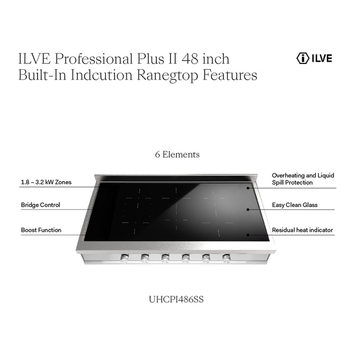 ILVE 48 Inch UHCPI486SS Professional Plus II Built-In Induction Stainless Steel Rangetop with 6 Element Features