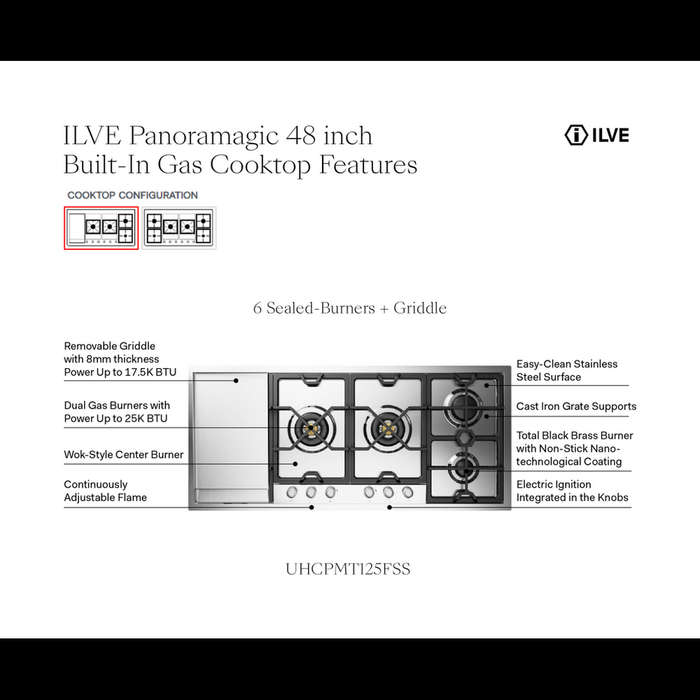 ILVE 48 Inch UHCPMT125FSS Panoramagic Built-In Stainless Steel Natural Gas Cooktop with Total Black Brass Burners, 6 Sealed Burners and Left Griddle Features