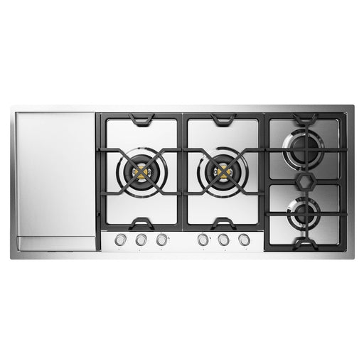 ILVE 48 Inch UHCPMT125FSS Panoramagic Built-In Stainless Steel Natural Gas Cooktop with Total Black Brass Burners, 6 Sealed Burners and Left Griddle Front
