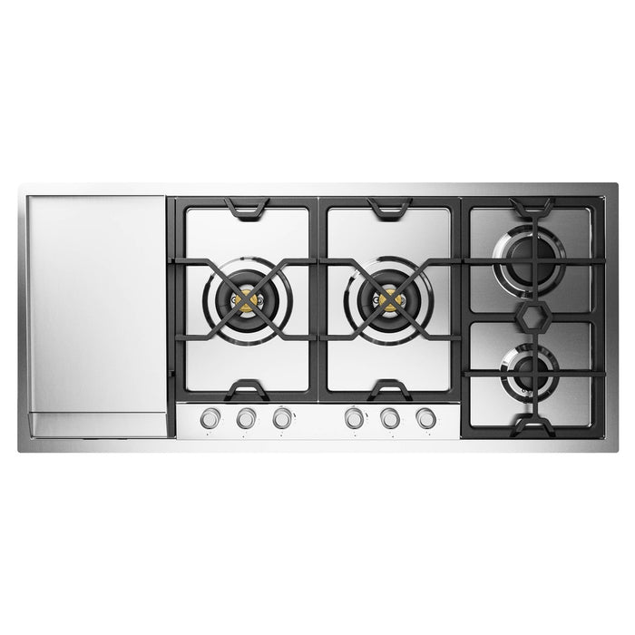 ILVE 48 Inch UHCPMT125FSS Panoramagic Built-In Stainless Steel Natural Gas Cooktop with Total Black Brass Burners, 6 Sealed Burners and Left Griddle Front