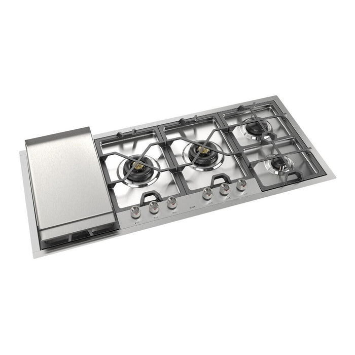 ILVE 48 Inch UHCPMT125FSS Panoramagic Built-In Stainless Steel Natural Gas Cooktop with Total Black Brass Burners, 6 Sealed Burners and Left Griddle Main