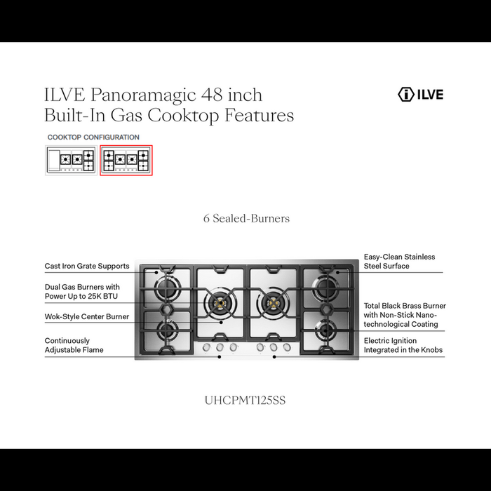 ILVE 48 Inch UHCPMT125SSLP Panoramagic Built-In Stainless Steel Liquid Propane Cooktop with Total Black Brass Burners and 6 Sealed Burners Features