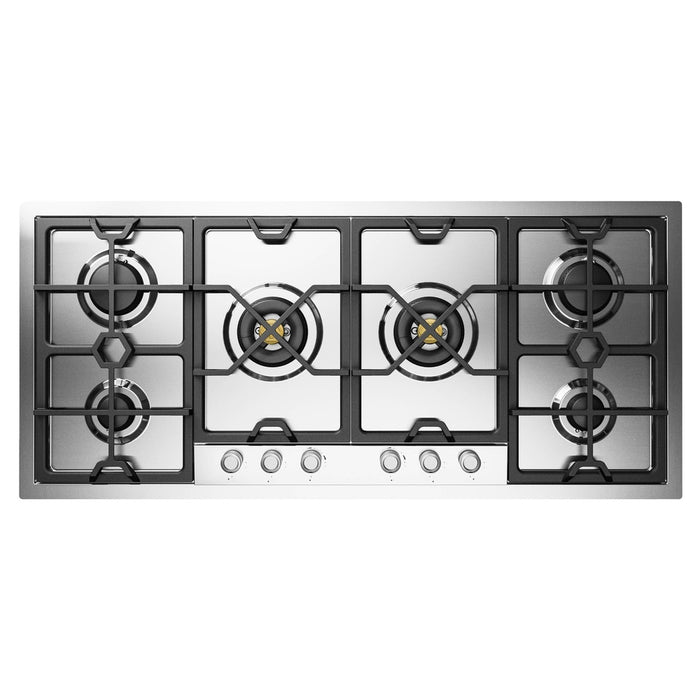 ILVE 48 Inch UHCPMT125SSLP Panoramagic Built-In Stainless Steel Liquid Propane Cooktop with Total Black Brass Burners and 6 Sealed Burners Front