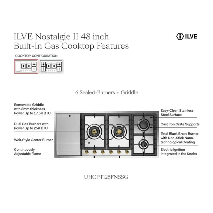 ILVE 48 Inch UHCPT125FNSSCLP Nostalgie II Built-In Stainless Steel Liquid Propane Cooktop with Total Black Brass Burners, 6 Sealed Burners and Left Griddle in Chrome Knobs Features