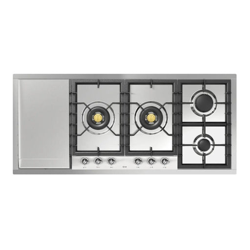 ILVE 48 Inch UHCPT125FNSSCLP Nostalgie II Built-In Stainless Steel Liquid Propane Cooktop with Total Black Brass Burners, 6 Sealed Burners and Left Griddle in Chrome Knobs Front