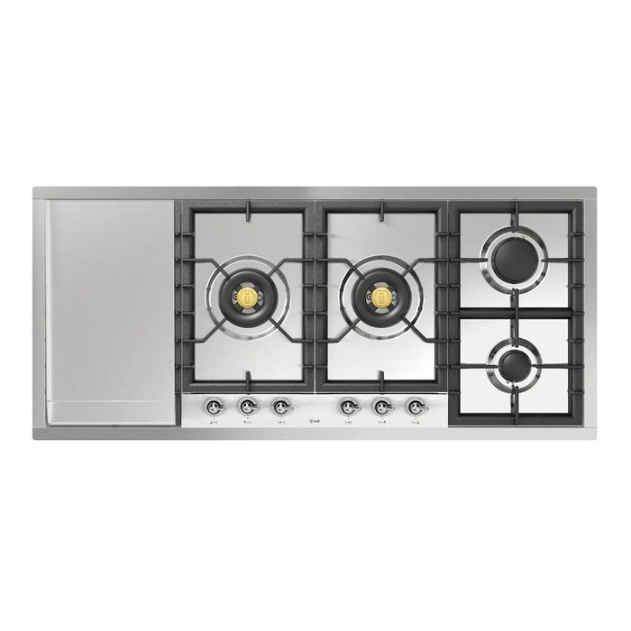 ILVE 48 Inch UHCPT125FNSSCLP Nostalgie II Built-In Stainless Steel Liquid Propane Cooktop with Total Black Brass Burners, 6 Sealed Burners and Left Griddle in Chrome Knobs Front