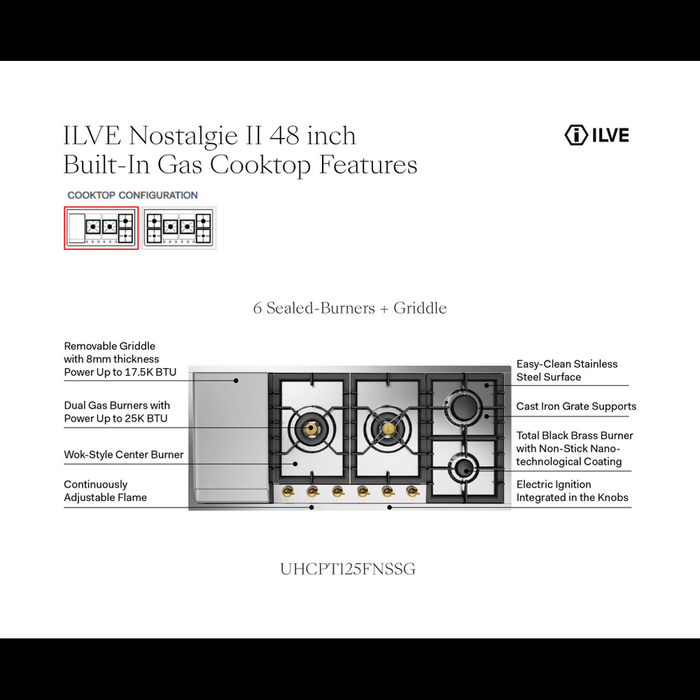 ILVE 48 Inch UHCPT125FNSSGLP Nostalgie II Built-In Stainless Steel Liquid Propane Cooktop with Total Black Brass Burners, 6 Sealed Burners and Left Griddle in Brass Knobs Features