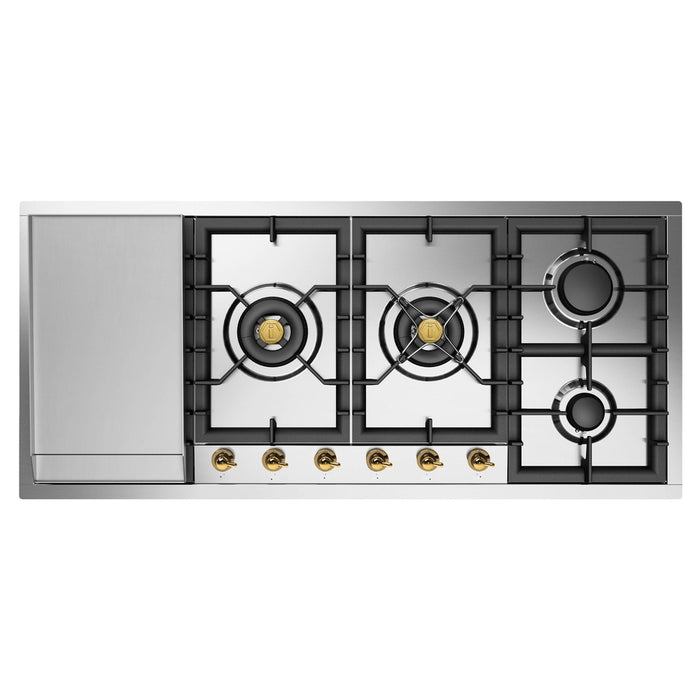 ILVE 48 Inch UHCPT125FNSSGLP Nostalgie II Built-In Stainless Steel Liquid Propane Cooktop with Total Black Brass Burners, 6 Sealed Burners and Left Griddle in Brass Knobs Front