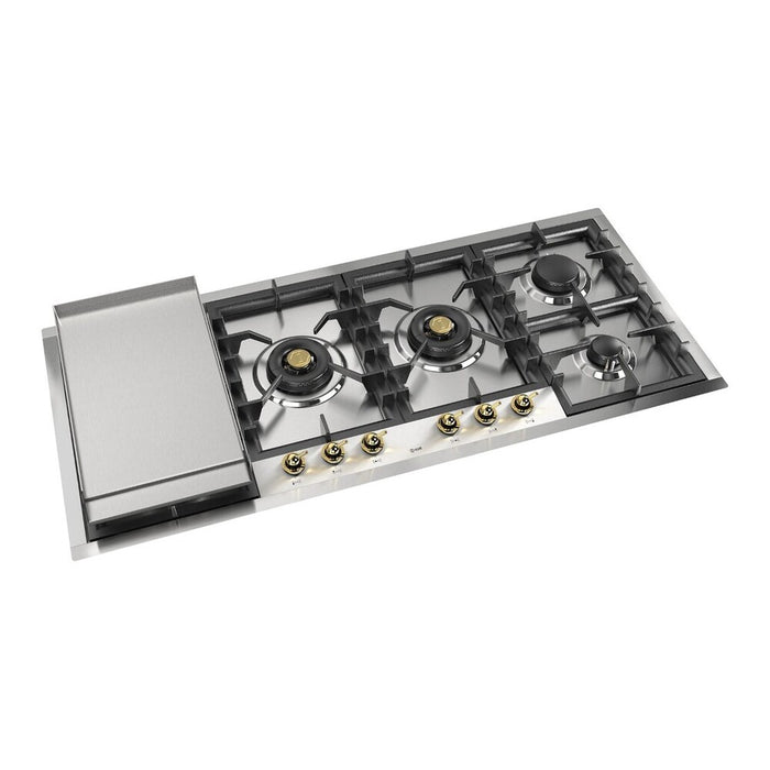 ILVE 48 Inch UHCPT125FNSSGLP Nostalgie II Built-In Stainless Steel Liquid Propane Cooktop with Total Black Brass Burners, 6 Sealed Burners and Left Griddle in Brass Knobs Main