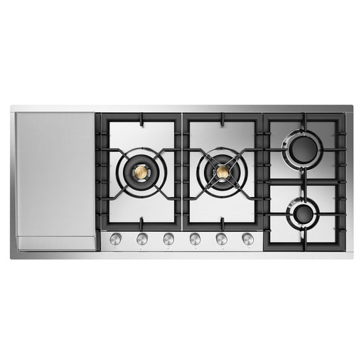 ILVE 48 Inch UHCPT125FSSLP Professional Plus II Built-In Stainless Steel Liquid Propane Cooktop with Total Black Brass Burners, 6 Sealed Burners and Left Griddle Front