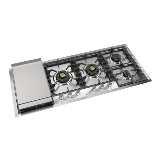 ILVE 48 Inch UHCPT125FSSLP Professional Plus II Built-In Stainless Steel Liquid Propane Cooktop with Total Black Brass Burners, 6 Sealed Burners and Left Griddle Main