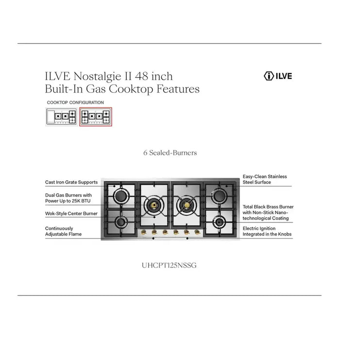 ILVE 48 Inch UHCPT125NSSC Nostalgie II Built-In Stainless Steel Natural Gas Cooktop with Total Black Brass Burners, 6 Sealed Burners in Chrome Features