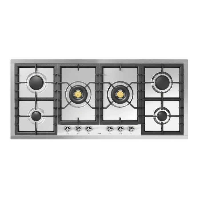 ILVE 48 Inch UHCPT125NSSC Nostalgie II Built-In Stainless Steel Natural Gas Cooktop with Total Black Brass Burners, 6 Sealed Burners in Chrome Front