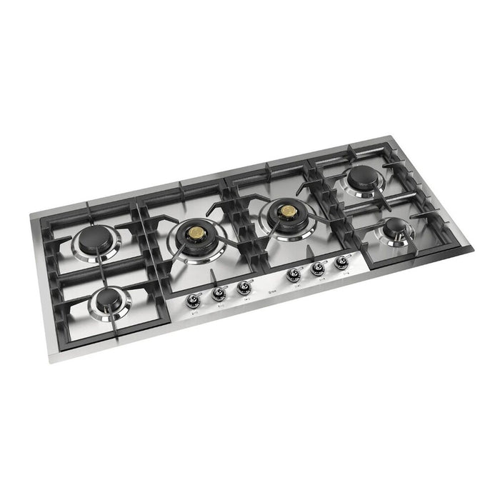 ILVE 48 Inch UHCPT125NSSC Nostalgie II Built-In Stainless Steel Natural Gas Cooktop with Total Black Brass Burners, 6 Sealed Burners in Chrome Main