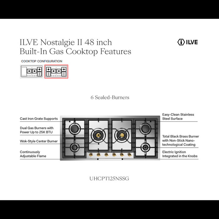 ILVE 48 Inch UHCPT125NSSGLP Nostalgie II Built-In Stainless Steel Liquid Propane Cooktop with Total Black Brass Burners, 6 Sealed Burners in Brass Knobs Features