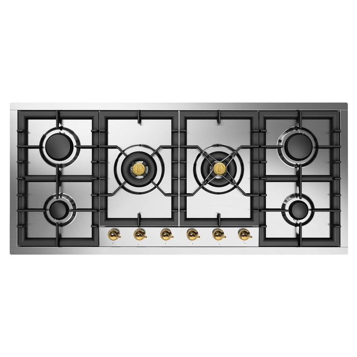 ILVE 48 Inch UHCPT125NSSGlLP Nostalgie II Built-In Stainless Steel Liquid Propane Cooktop with Total Black Brass Burners, 6 Sealed Burners in Brass Knobs Front