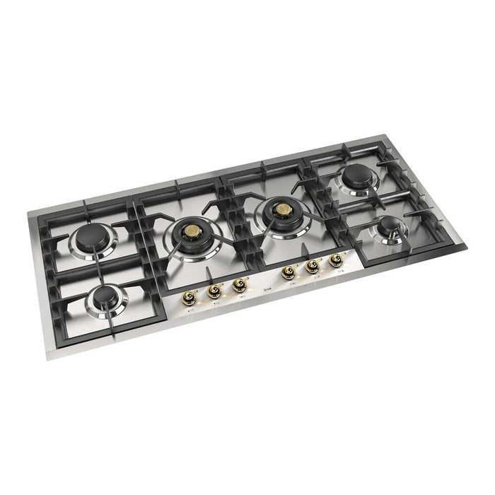 ILVE 48 Inch UHCPT125NSSG Nostalgie II Built-In Stainless Steel Liquid Propane Cooktop with Total Black Brass Burners, 6 Sealed Burners in Brass Knobs Main