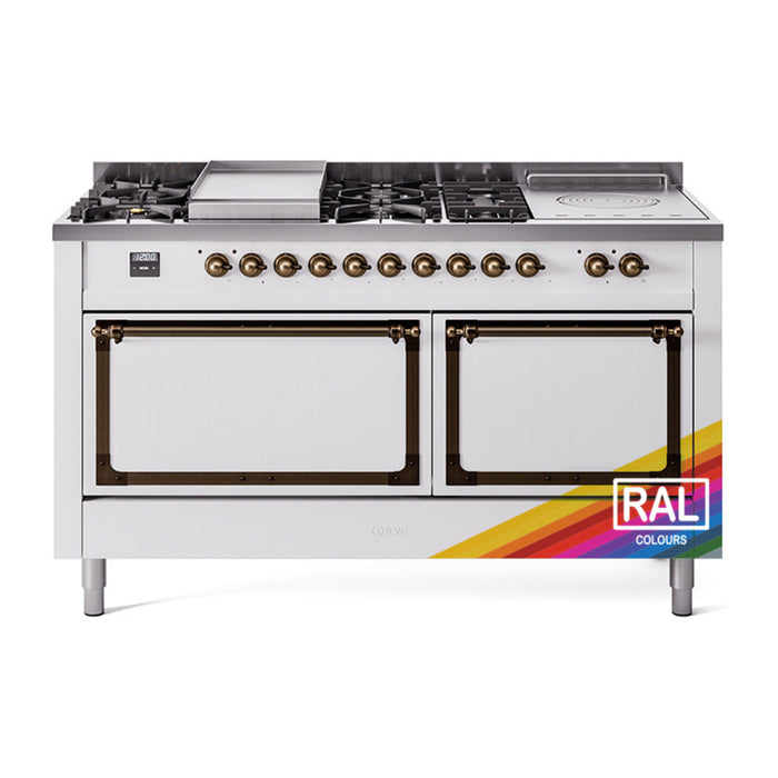 ILVE 60 Inch Nostalgie II Noblesse Freestanding Dual Fuel Range with 7 Sealed Burners, Griddle, French Top, Solid Door with Burnished Trim RAL
