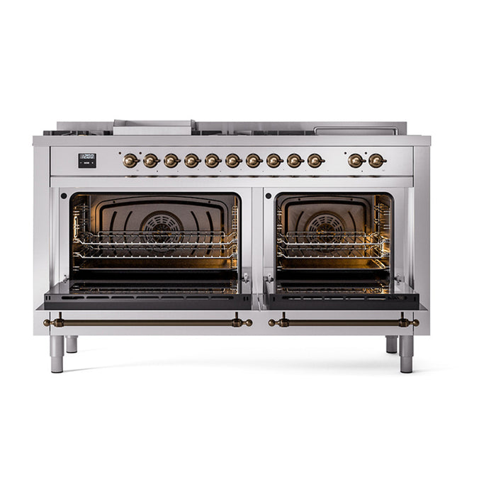 ILVE 60 Inch Nostalgie II Noblesse Freestanding Dual Fuel Range with 7 Sealed Burners, Griddle, French Top, Solid Door with Burnished Trim Stainless Steel Open
