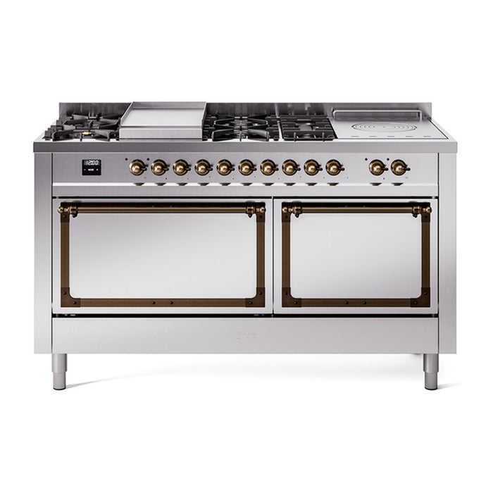 ILVE 60 Inch Nostalgie II Noblesse Freestanding Dual Fuel Range with 7 Sealed Burners, Griddle, French Top, Solid Door with Burnished Trim Stainless Steel
