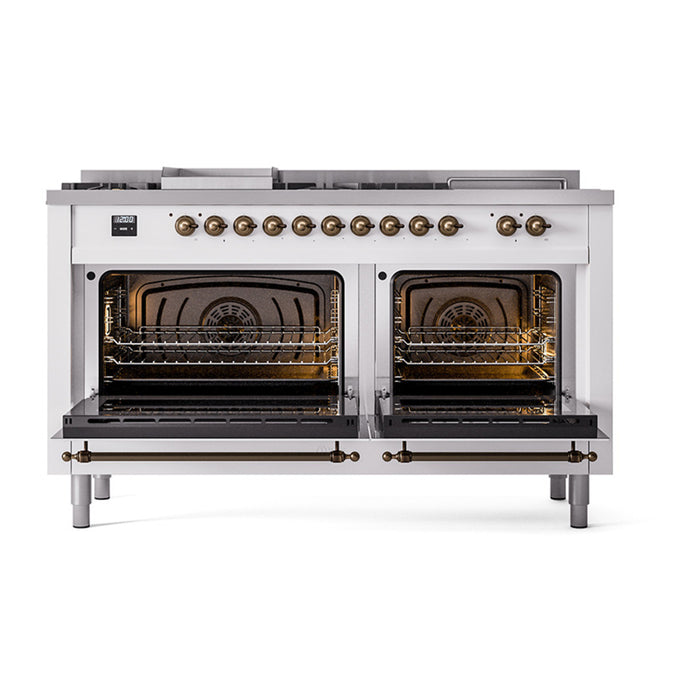 ILVE 60 Inch Nostalgie II Noblesse Freestanding Dual Fuel Range with 7 Sealed Burners, Griddle, French Top, Solid Door with Burnished Trim White Open
