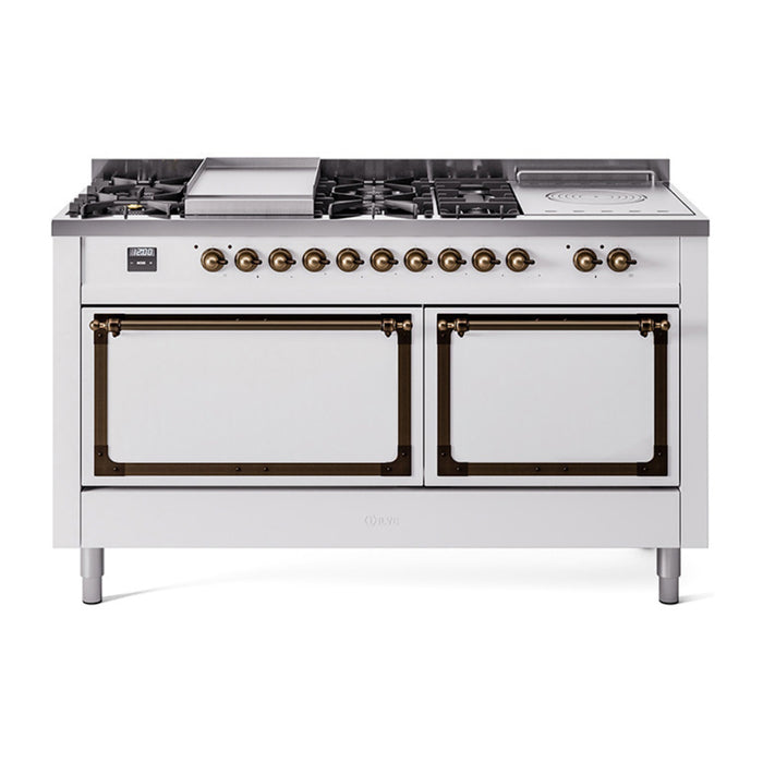 ILVE 60 Inch Nostalgie II Noblesse Freestanding Dual Fuel Range with 7 Sealed Burners, Griddle, French Top, Solid Door with Burnished Trim White
