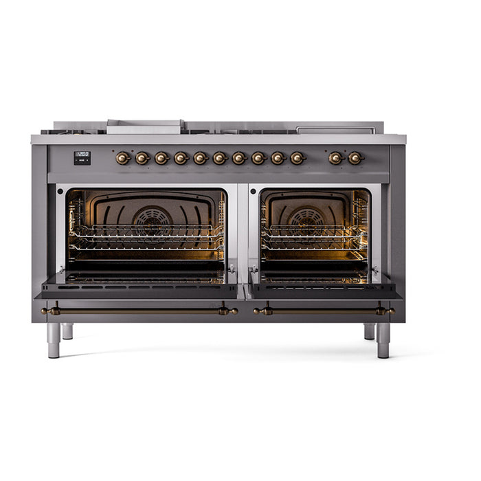 ILVE 60 Inch Nostalgie II Noblesse Freestanding Dual Fuel Range with 7 Sealed Burners, Griddle, French Top, Solid Door with Burnished Trim Graphite Matte Open
