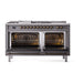 ILVE 60 Inch Nostalgie II Noblesse Freestanding Dual Fuel Range with 7 Sealed Burners, Griddle, French Top, Solid Door with Burnished Trim Graphite Matte Open
