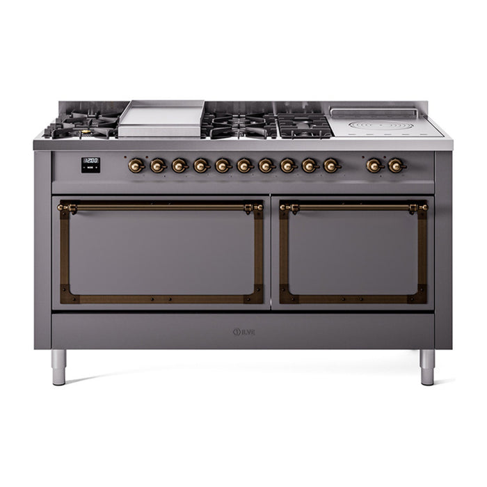 ILVE 60 Inch Nostalgie II Noblesse Freestanding Dual Fuel Range with 7 Sealed Burners, Griddle, French Top, Solid Door with Burnished Trim Graphite Matte
