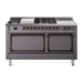 ILVE 60 Inch Nostalgie II Noblesse Freestanding Dual Fuel Range with 7 Sealed Burners, Griddle, French Top, Solid Door with Burnished Trim Graphite Matte
