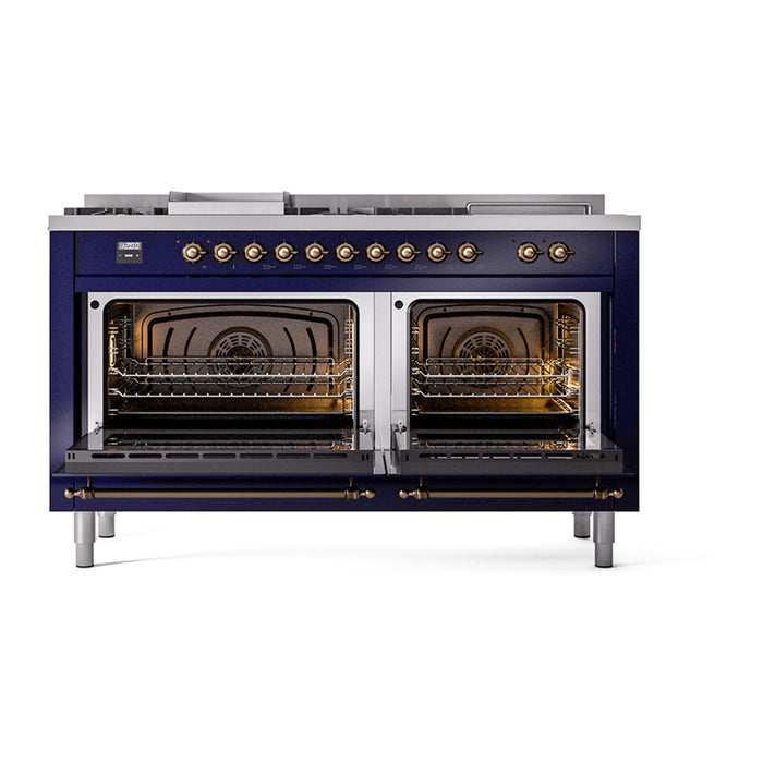 ILVE 60 Inch Nostalgie II Noblesse Freestanding Dual Fuel Range with 7 Sealed Burners, Griddle, French Top, Solid Door with Burnished Trim Midnight Blue Open
