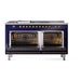 ILVE 60 Inch Nostalgie II Noblesse Freestanding Dual Fuel Range with 7 Sealed Burners, Griddle, French Top, Solid Door with Burnished Trim Midnight Blue Open
