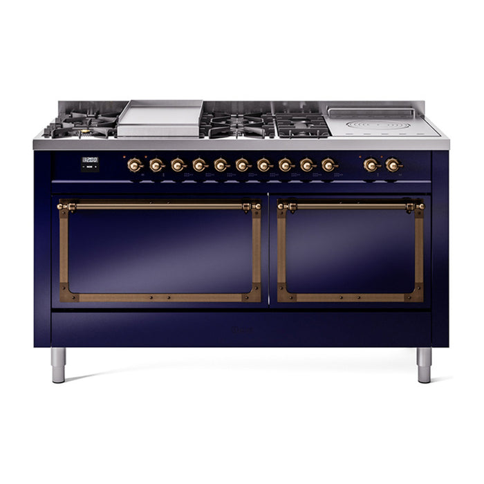 ILVE 60 Inch Nostalgie II Noblesse Freestanding Dual Fuel Range with 7 Sealed Burners, Griddle, French Top, Solid Door with Burnished Trim Midnight Blue
