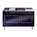 ILVE 60 Inch Nostalgie II Noblesse Freestanding Dual Fuel Range with 7 Sealed Burners, Griddle, French Top, Solid Door with Burnished Trim Midnight Blue
