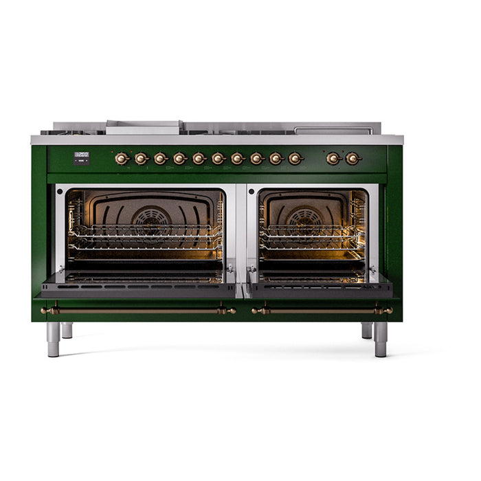ILVE 60 Inch Nostalgie II Noblesse Freestanding Dual Fuel Range with 7 Sealed Burners, Griddle, French Top, Solid Door with Burnished Trim Emerald Green Open
