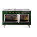 ILVE 60 Inch Nostalgie II Noblesse Freestanding Dual Fuel Range with 7 Sealed Burners, Griddle, French Top, Solid Door with Burnished Trim Emerald Green Open
