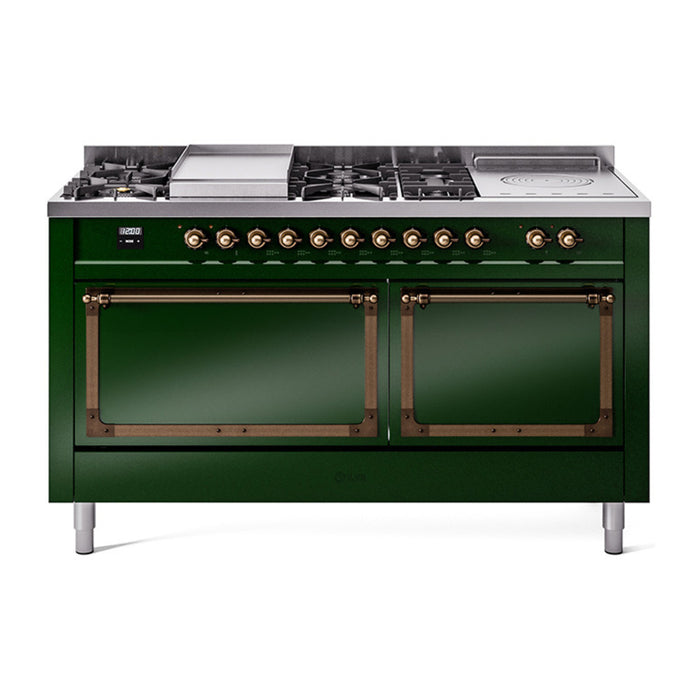 ILVE 60 Inch Nostalgie II Noblesse Freestanding Dual Fuel Range with 7 Sealed Burners, Griddle, French Top, Solid Door with Burnished Trim Emerald Green
