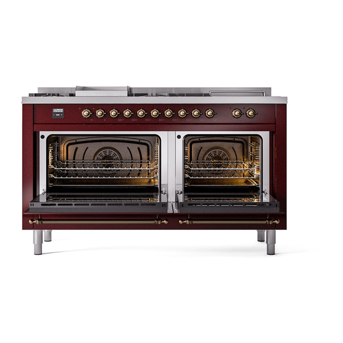 ILVE 60 Inch Nostalgie II Noblesse Freestanding Dual Fuel Range with 7 Sealed Burners, Griddle, French Top, Solid Door with Burnished Trim Burgundy Open
