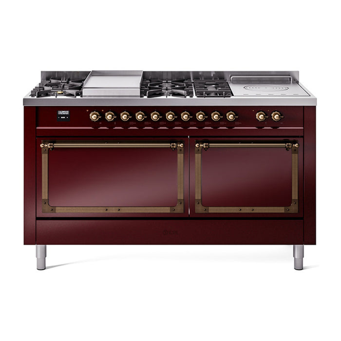 ILVE 60 Inch Nostalgie II Noblesse Freestanding Dual Fuel Range with 7 Sealed Burners, Griddle, French Top, Solid Door with Burnished Trim Burgundy
