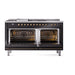 ILVE 60 Inch Nostalgie II Noblesse Freestanding Dual Fuel Range with 7 Sealed Burners, Griddle, French Top, Solid Door with Burnished Trim Glossy Black Open

