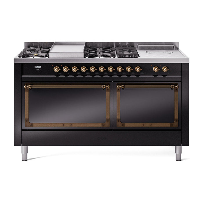 ILVE 60 Inch Nostalgie II Noblesse Freestanding Dual Fuel Range with 7 Sealed Burners, Griddle, French Top, Solid Door with Burnished Trim Glossy Black
