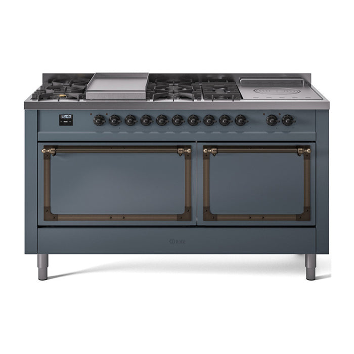 ILVE 60 Inch Nostalgie II Noblesse Freestanding Dual Fuel Range with 7 Sealed Burners, Griddle, French Top, Solid Door with Burnished Trim Blue Grey
